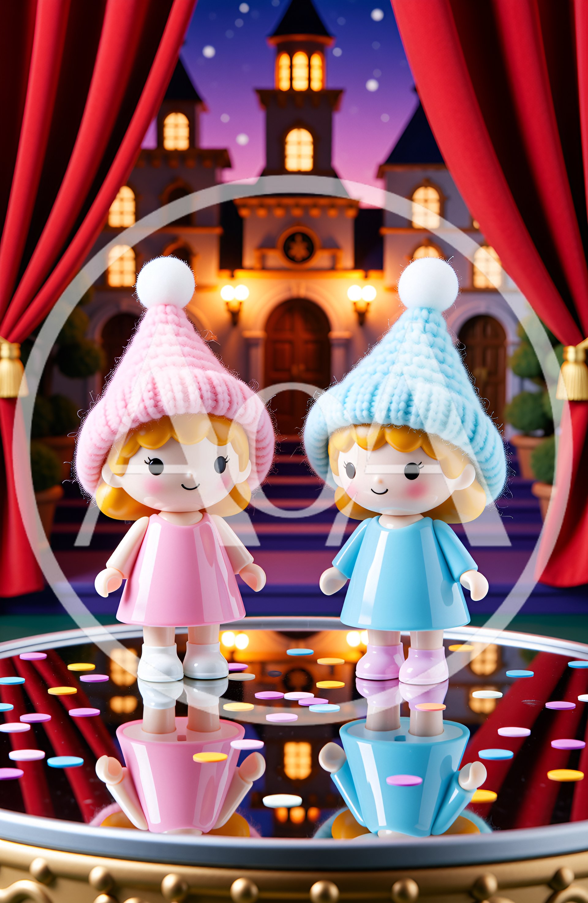 Two Cute Dolls Wearing Winter Hats On A Stage