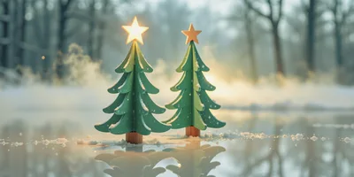 Two Miniature Wooden Christmas Trees On Frozen Pond