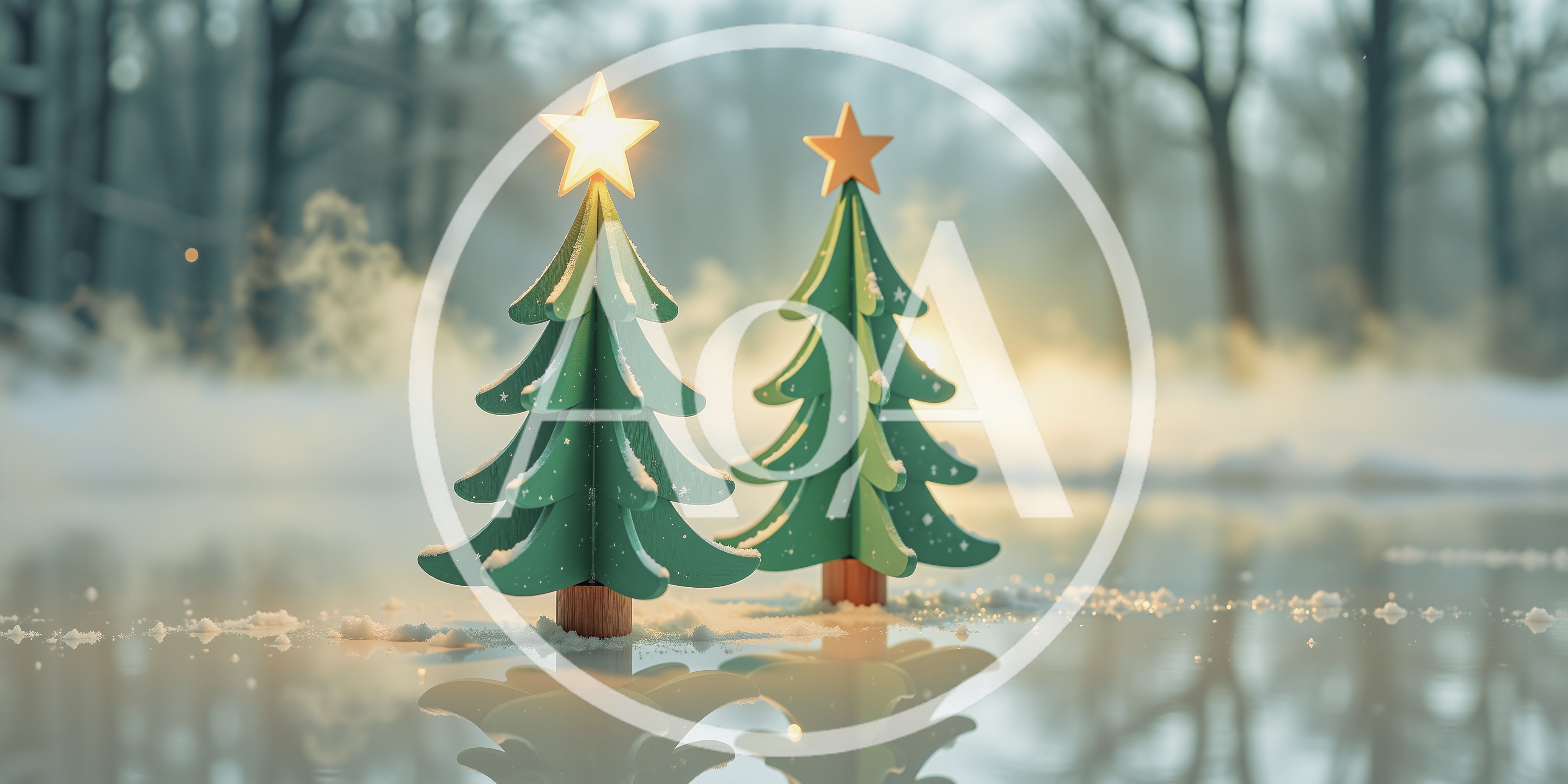 Two Miniature Wooden Christmas Trees On Frozen Pond