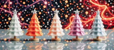Five Miniature Knitted Christmas Trees On Reflective Surface