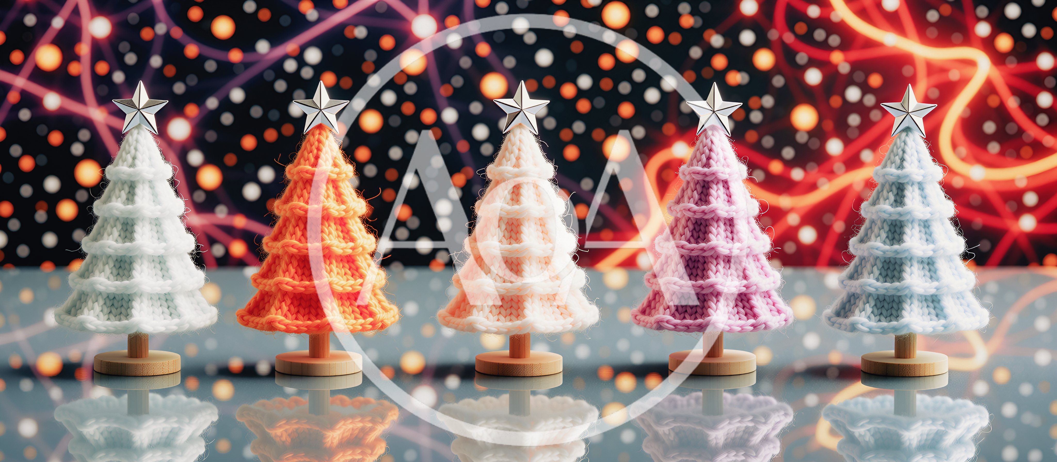 Five Miniature Knitted Christmas Trees On Reflective Surface