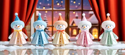 Five Decorative Snowman Figurines On A Snowy Surface