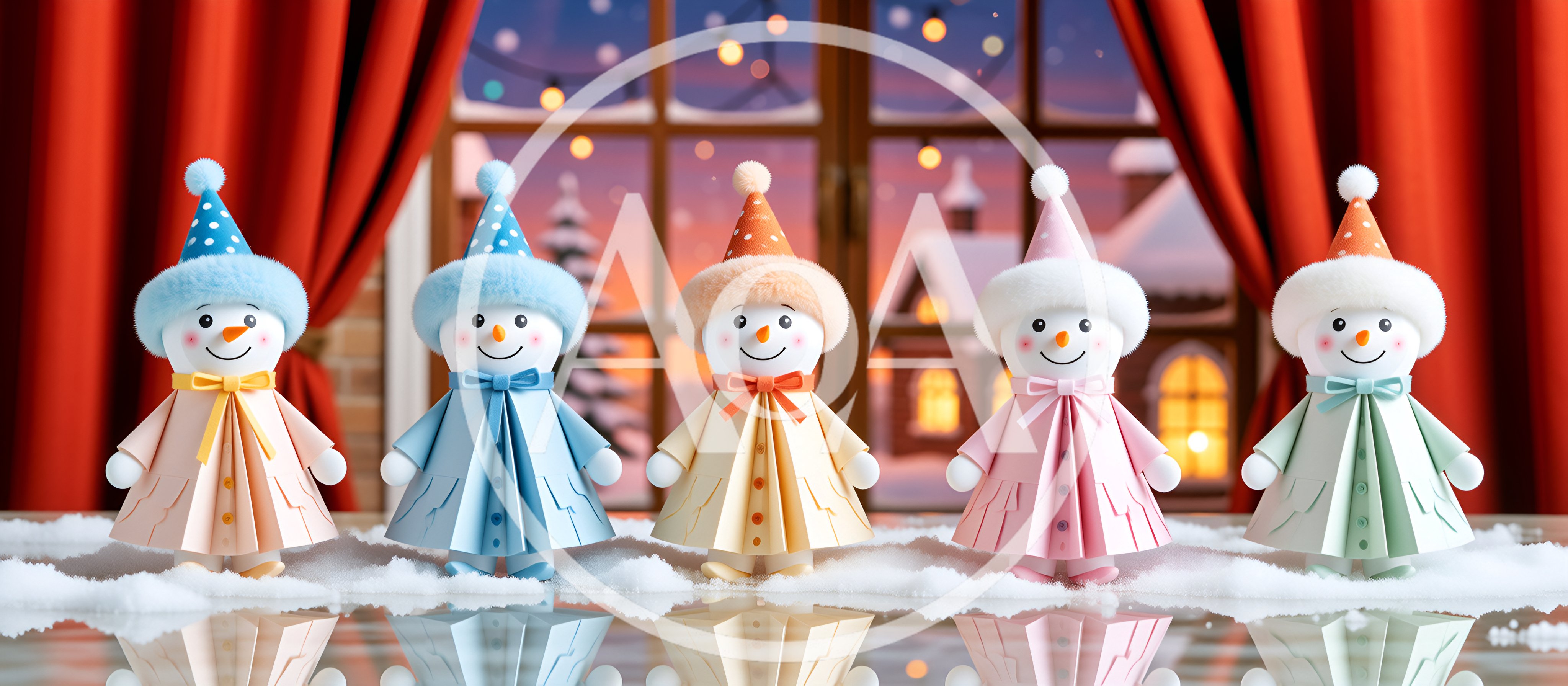 Five Decorative Snowman Figurines On A Snowy Surface