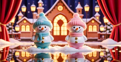 Two Cute Snowman Figurines On A Snowy Stage