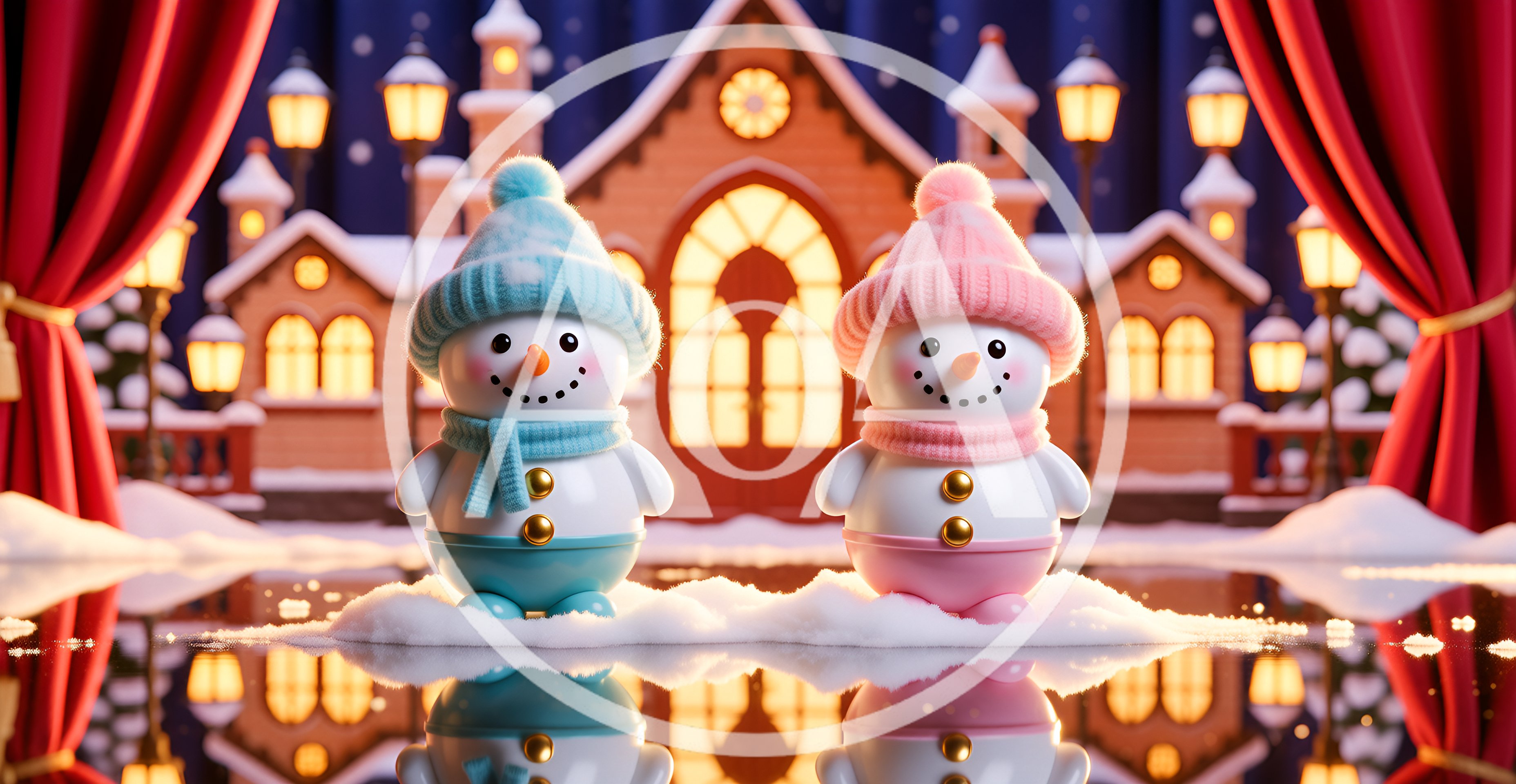 Two Cute Snowman Figurines On A Snowy Stage