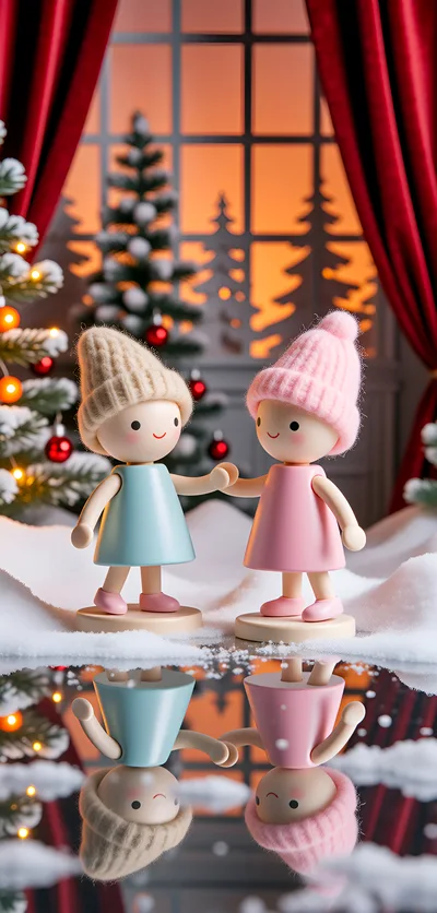 Two Wooden Dolls Holding Hands In Winter Setting