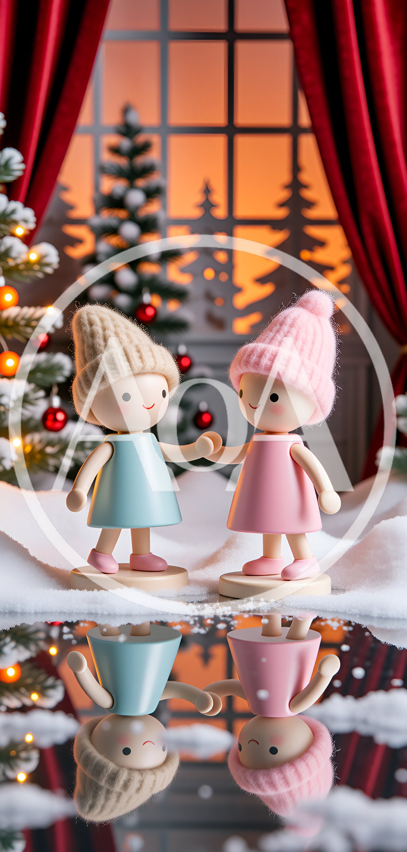 Two Wooden Dolls Holding Hands In Winter Setting