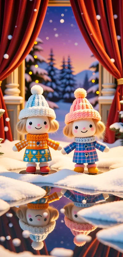 Two Cute Winter Dolls Standing in Snow
