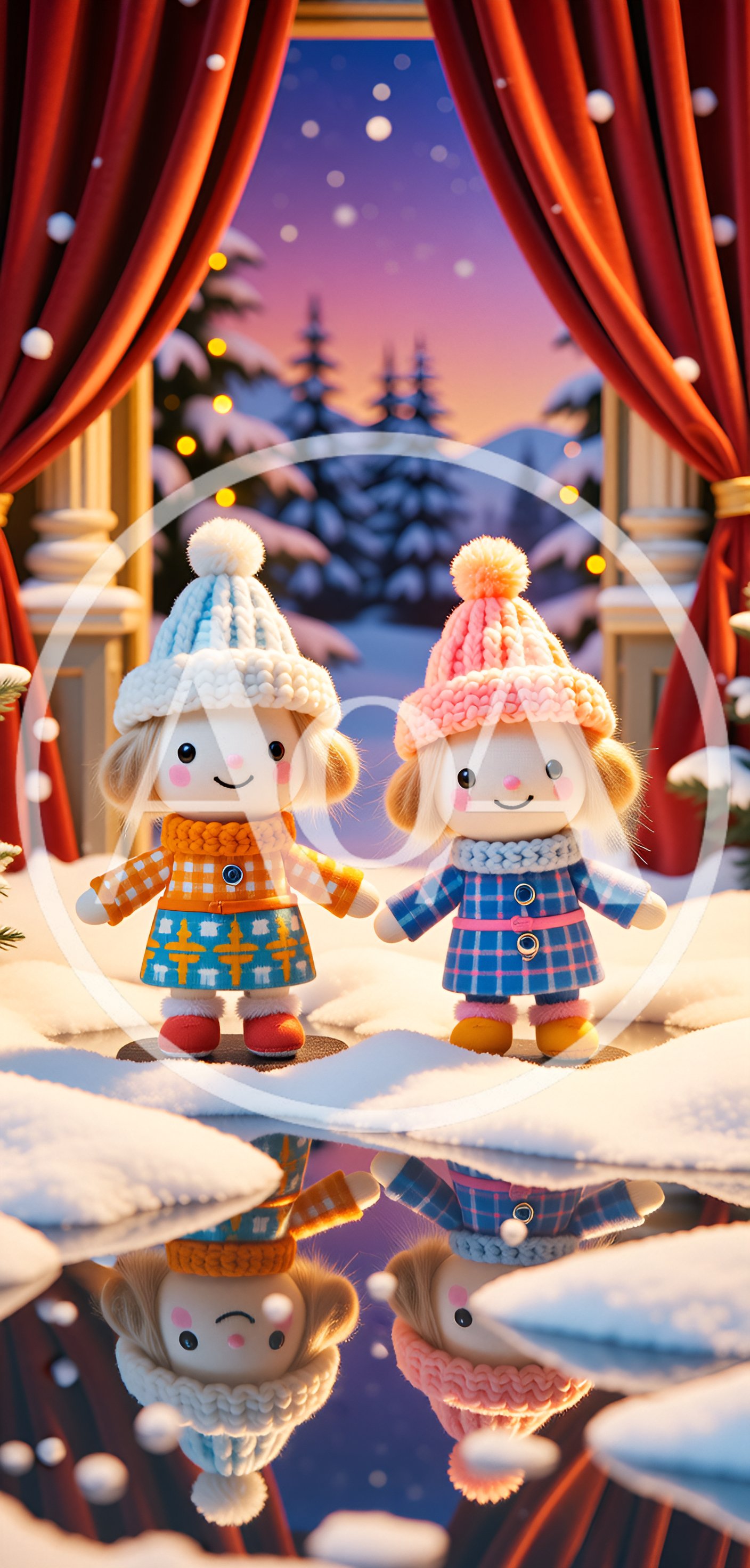 Two Cute Winter Dolls Standing in Snow