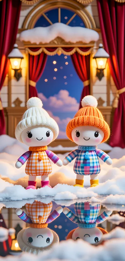 Two Cute Knitted Dolls Standing In Snowy Winter Scene