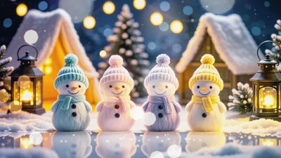 Four Cute Snowmen Standing In A Winter Village