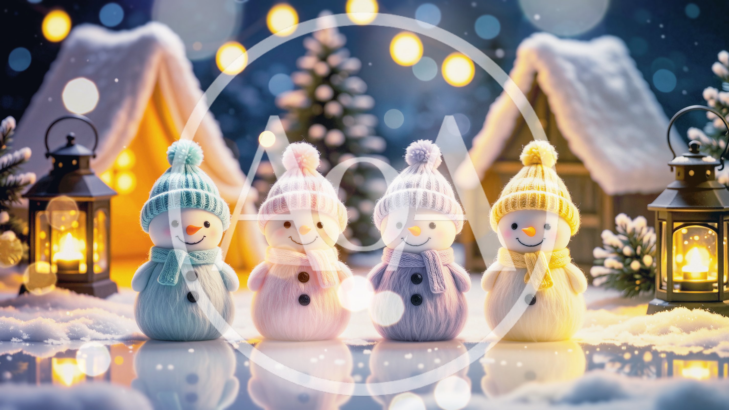 Four Cute Snowmen Standing In A Winter Village