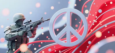 3D Rendered Soldier Aiming Rifle At Peace Symbol