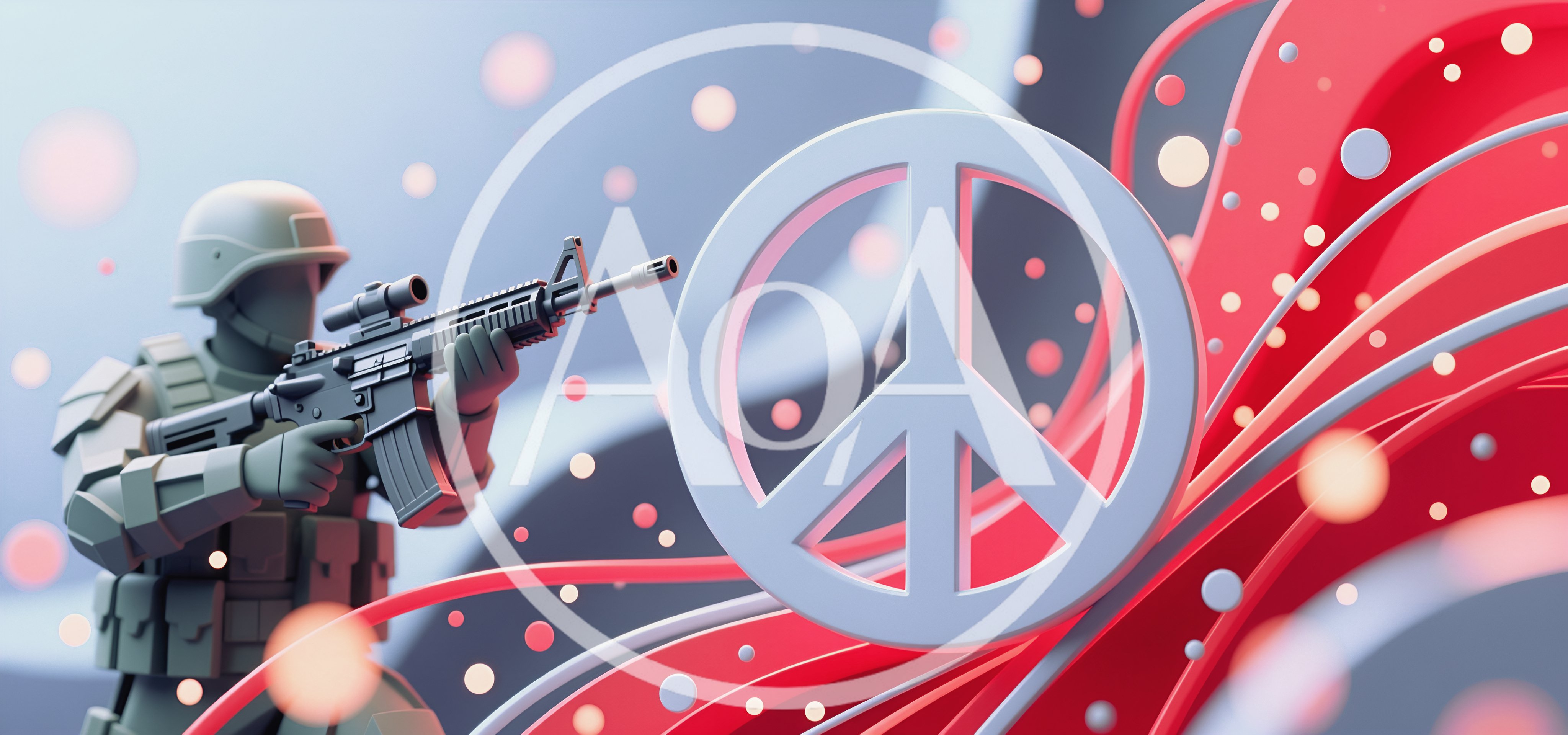 3D Rendered Soldier Aiming Rifle At Peace Symbol