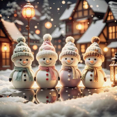Four Cute Snowmen Standing Together In A Snowy Village