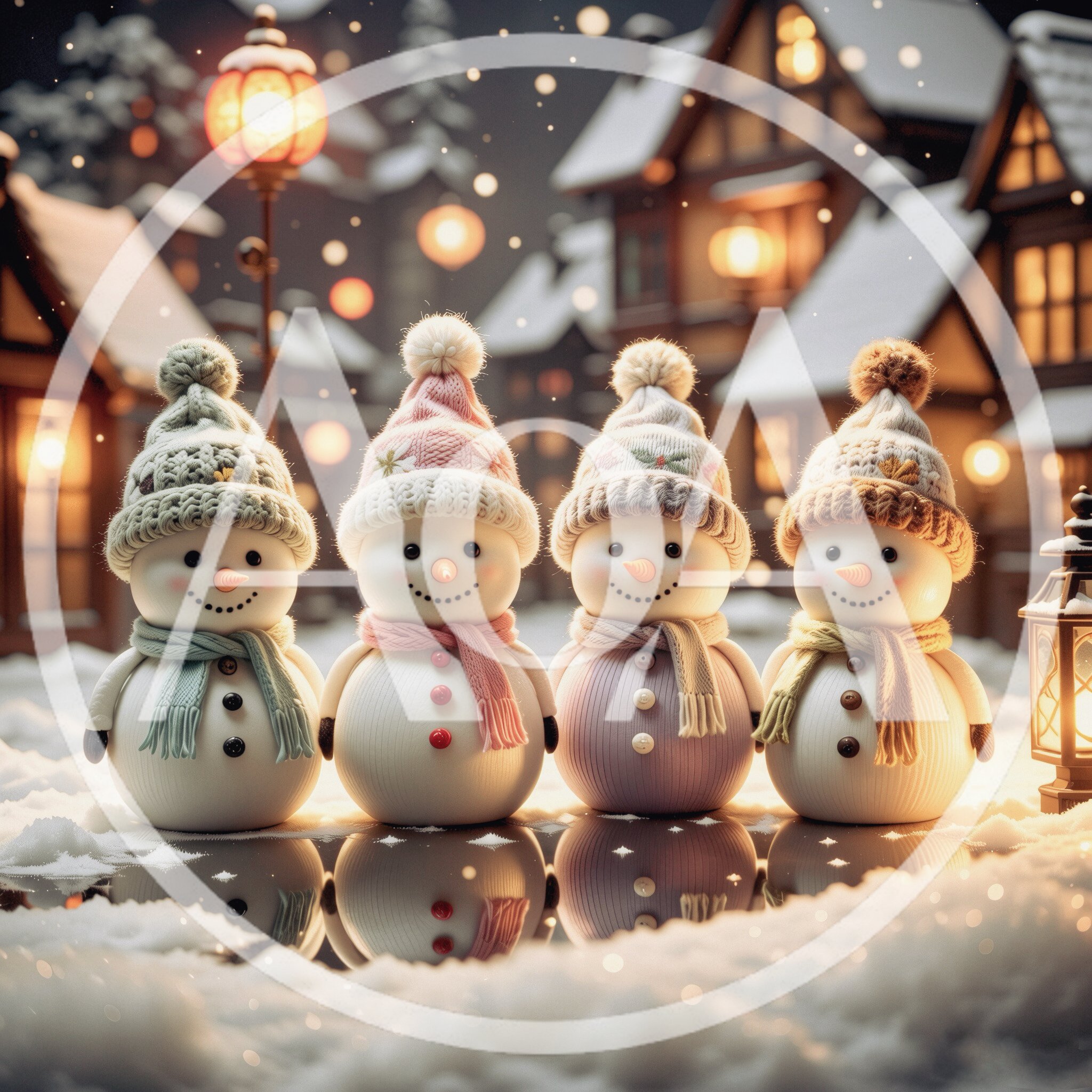 Four Cute Snowmen Standing Together In A Snowy Village