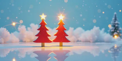 Two Red Wooden Christmas Trees With Glowing Stars