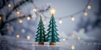 Two Miniature Wooden Christmas Trees With Glowing Stars