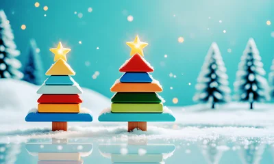 Two Colorful Wooden Toy Christmas Trees In Snow