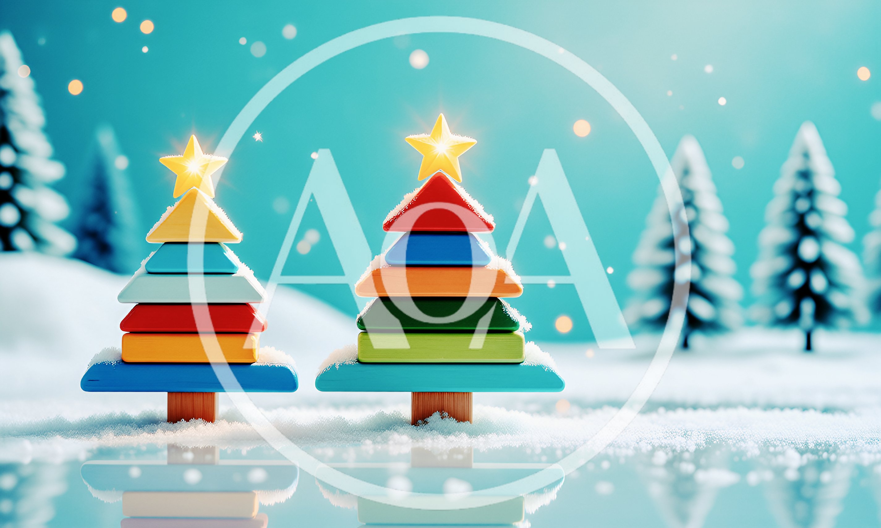 Two Colorful Wooden Toy Christmas Trees In Snow