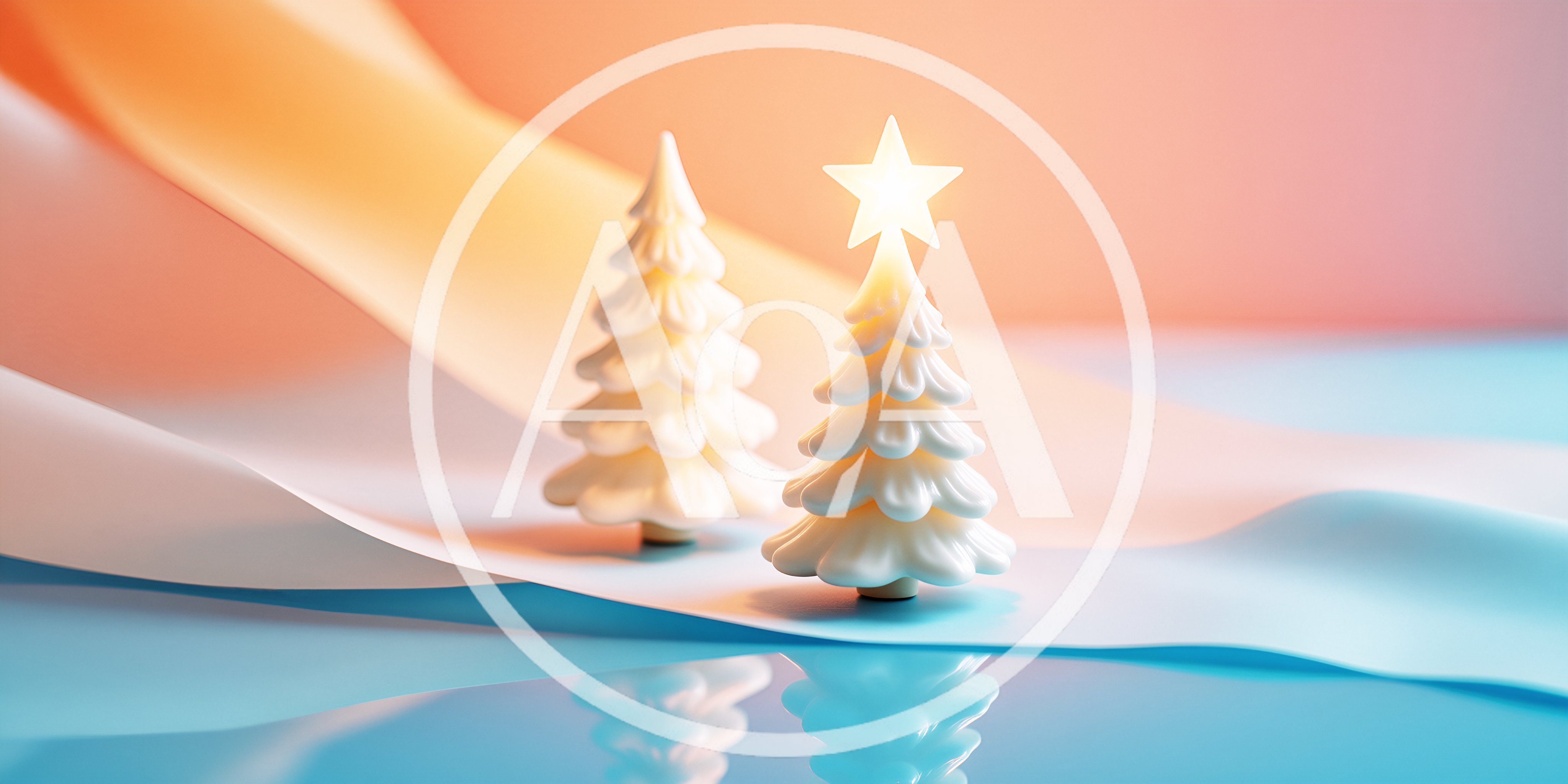 Two Miniature White Christmas Trees On Reflective Surface