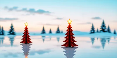 Two Red Decorative Christmas Trees on Icy Surface