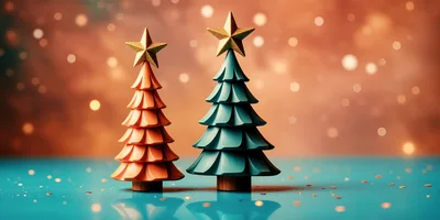 Two Decorative Wooden Christmas Trees With Gold Stars