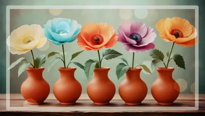 Five Colorful Poppy Flowers In Terracotta Vases