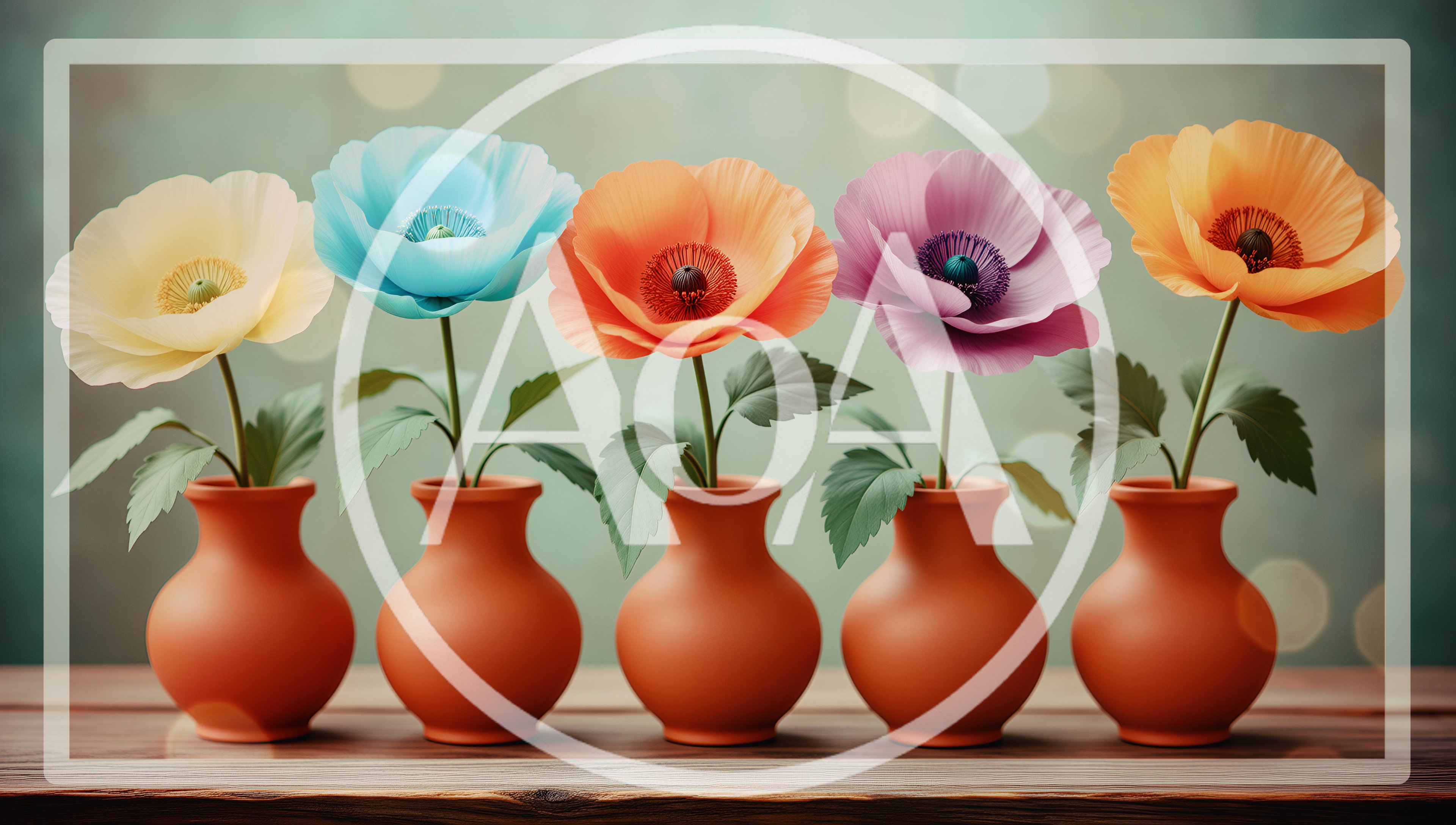 Five Colorful Poppy Flowers In Terracotta Vases