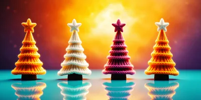 Four Knitted Christmas Trees On Reflective Surface