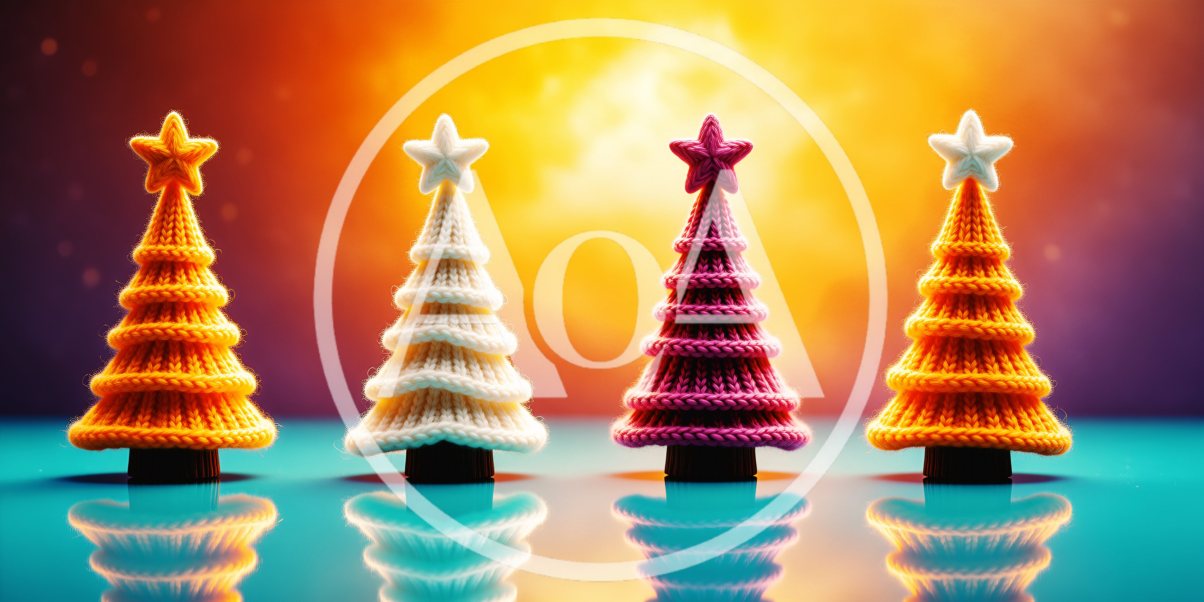 Four Knitted Christmas Trees On Reflective Surface