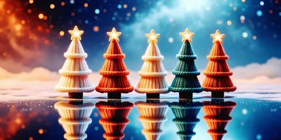 Five Knitted Christmas Trees With Glowing Stars