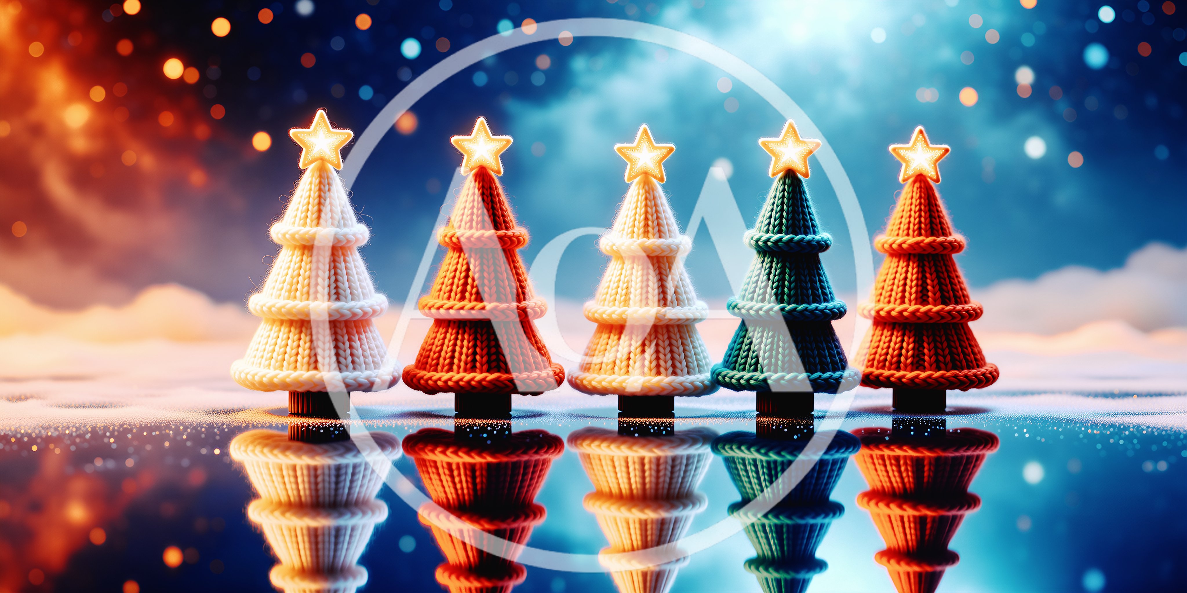 Five Knitted Christmas Trees With Glowing Stars