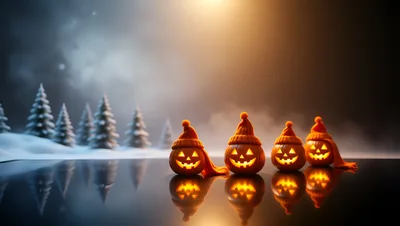 Four Jack O Lanterns Wearing Winter Hats