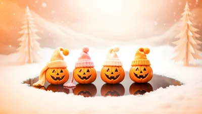 Four Cute Jack O Lanterns Wearing Winter Hats