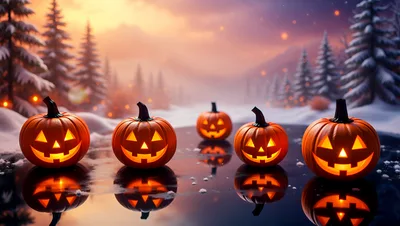 Jack-O-Lanterns On A Frozen Lake At Sunset