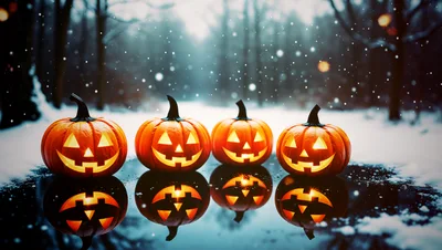 Four Glowing Jack O Lanterns In Snowy Forest
