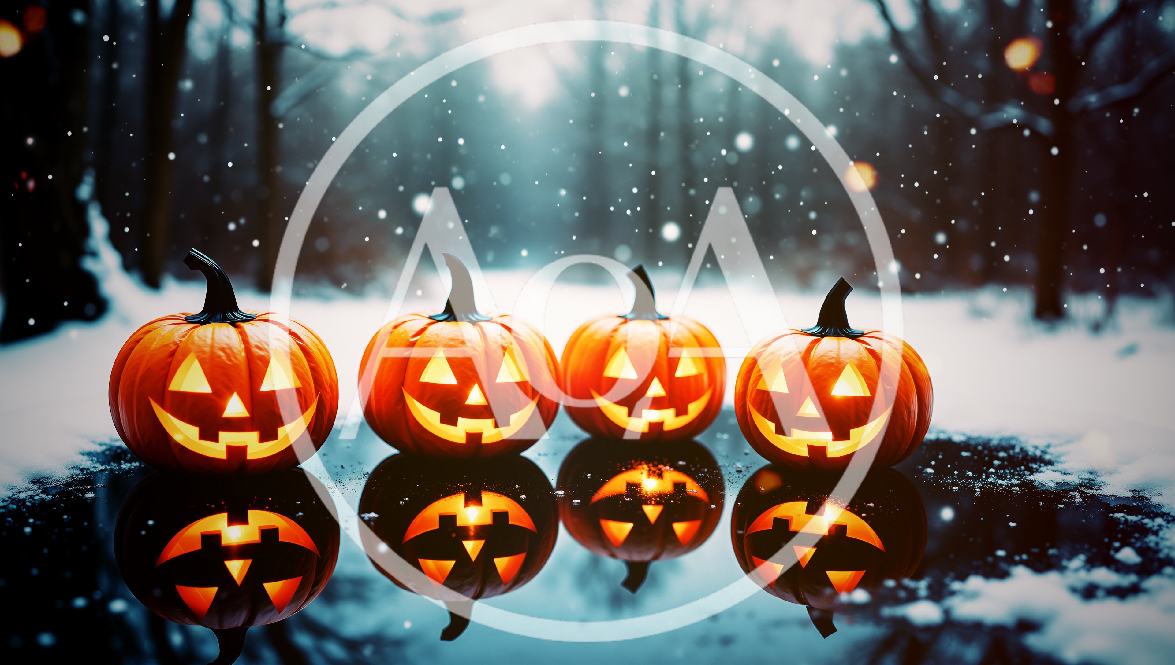 Four Glowing Jack O Lanterns In Snowy Forest