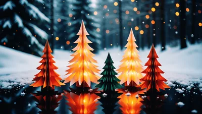 Paper Christmas Trees With Warm Lights In Snowy Forest