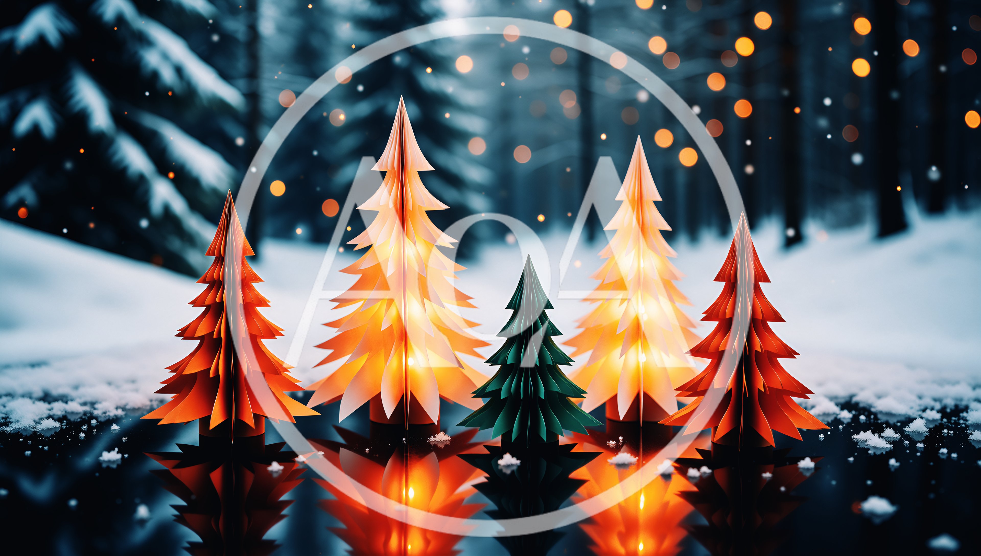 Paper Christmas Trees With Warm Lights In Snowy Forest