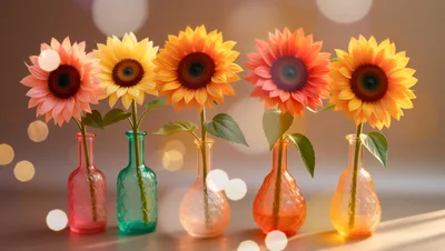 Five Colorful Sunflowers In Decorative Glass Vases