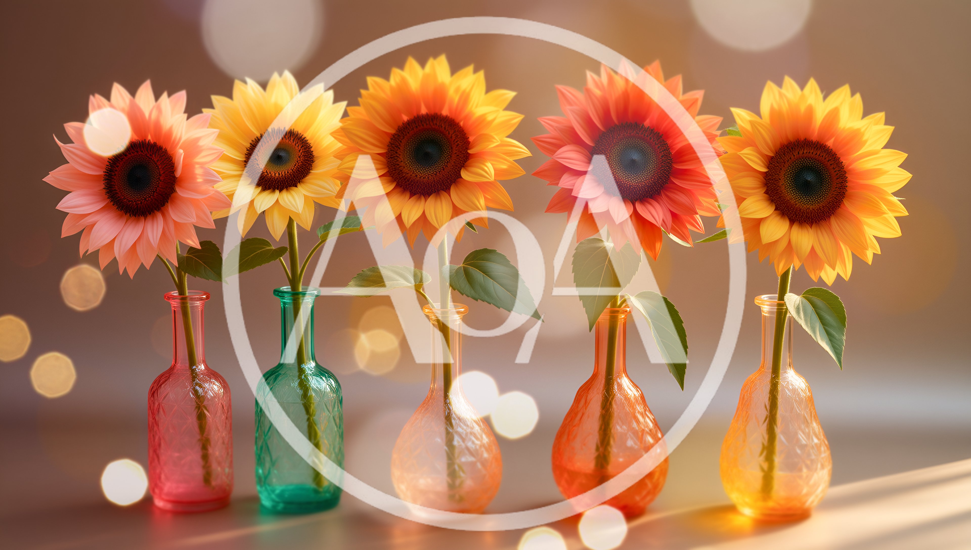 Five Colorful Sunflowers In Decorative Glass Vases