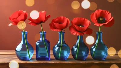 Five Red Poppy Flowers In Blue Glass Vases