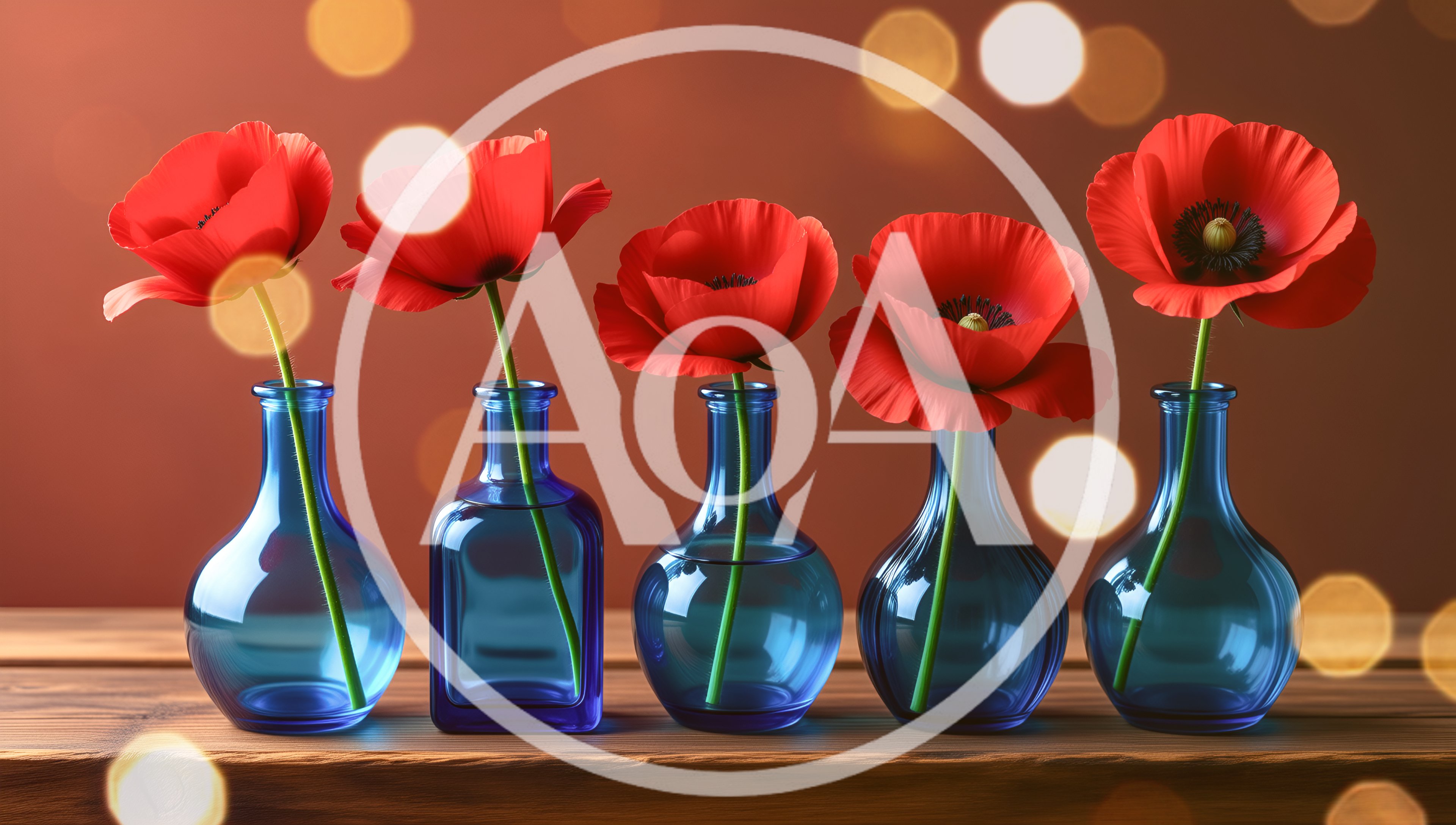 Five Red Poppy Flowers In Blue Glass Vases