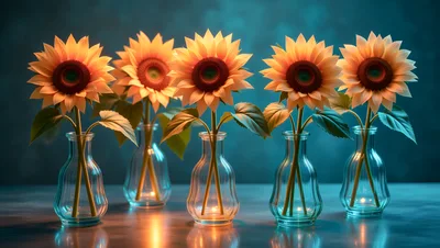 Five Sunflowers In Glass Vases On A Table