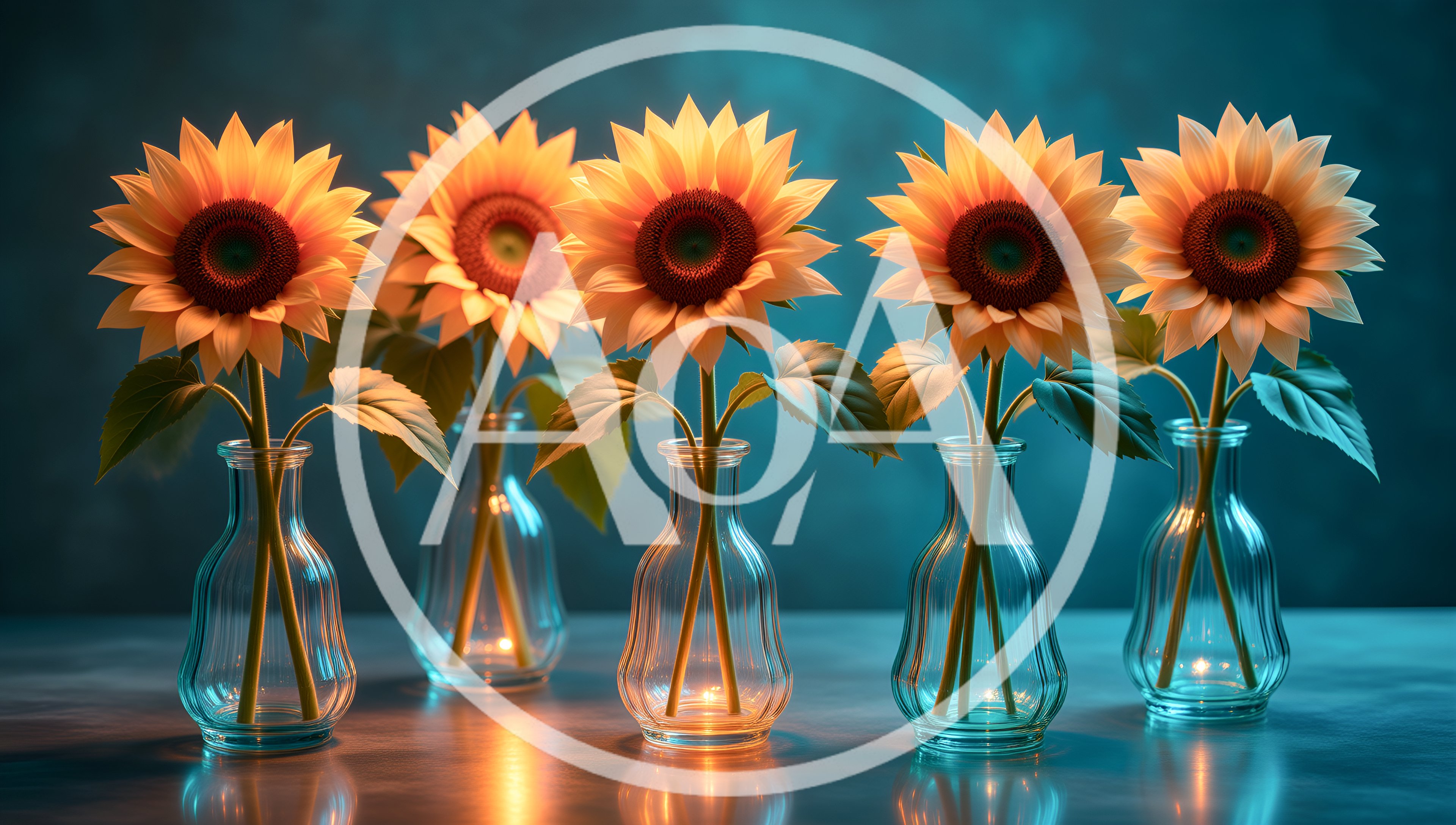 Five Sunflowers In Glass Vases On A Table