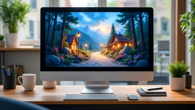 Modern Desktop Computer Displaying A Scenic Mountain Landscape