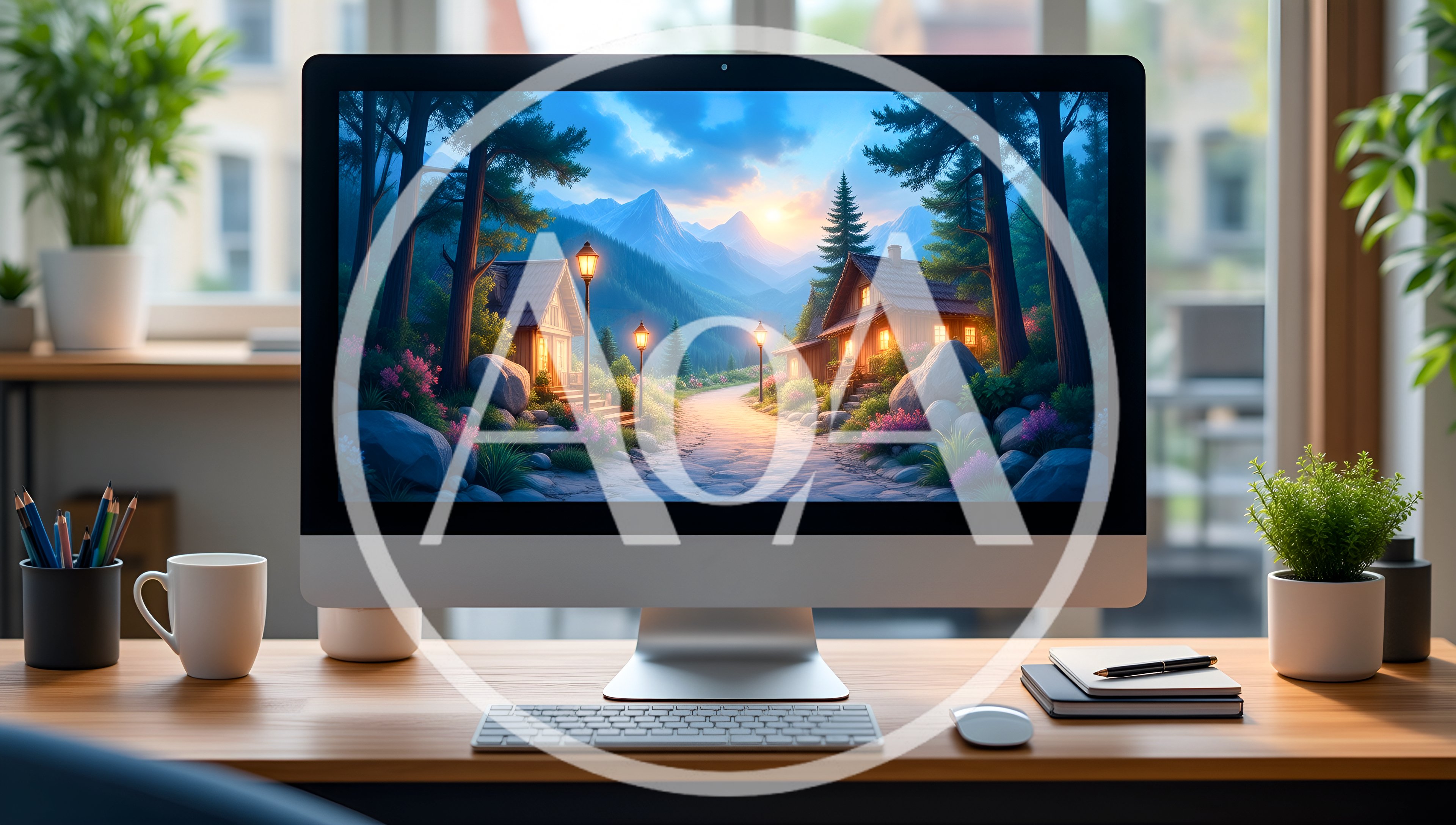 Modern Desktop Computer Displaying A Scenic Mountain Landscape