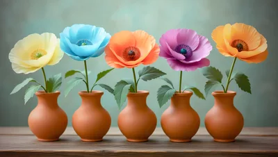 Five Colorful Poppy Flowers In Clay Vases