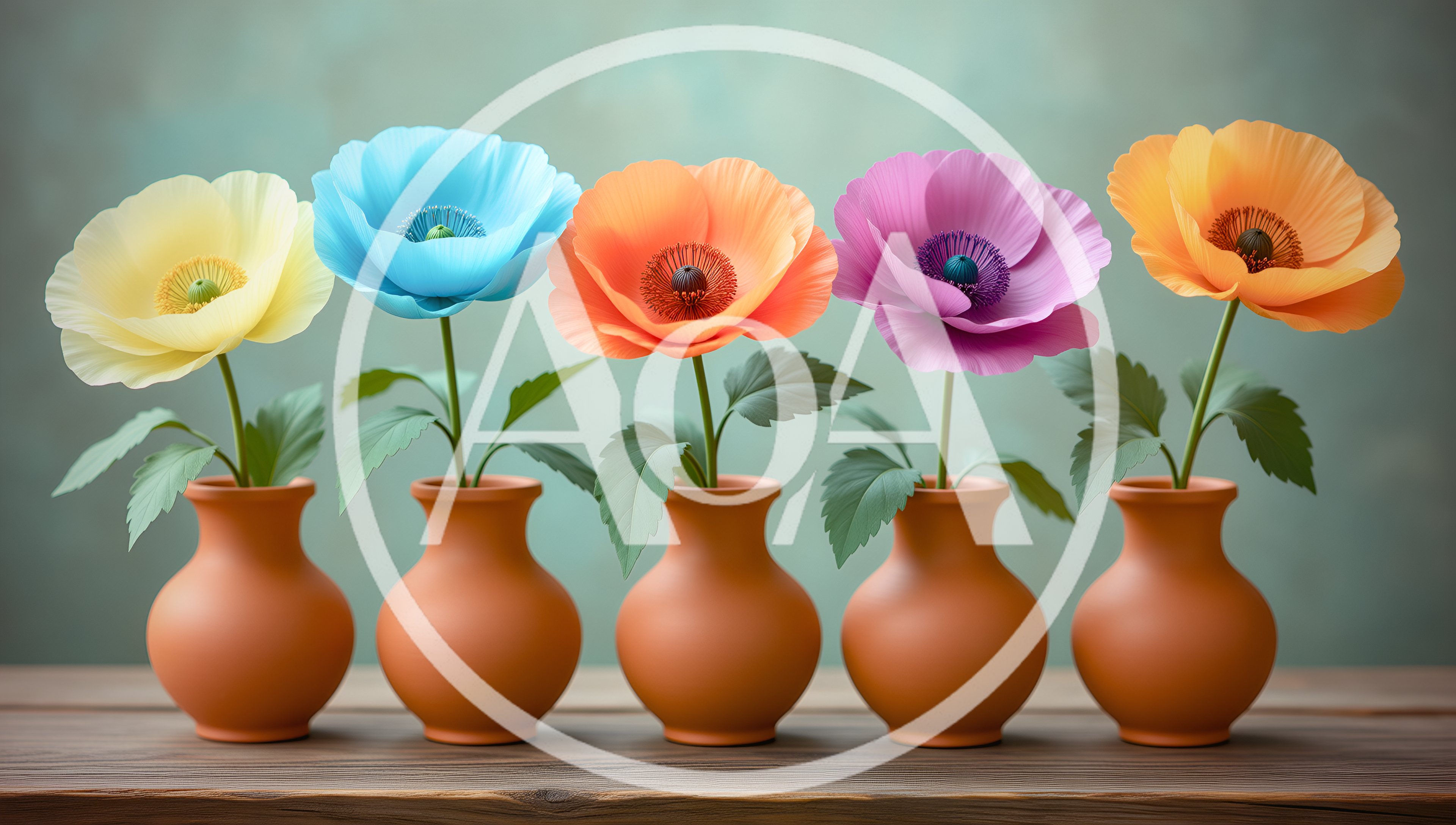 Five Colorful Poppy Flowers In Clay Vases